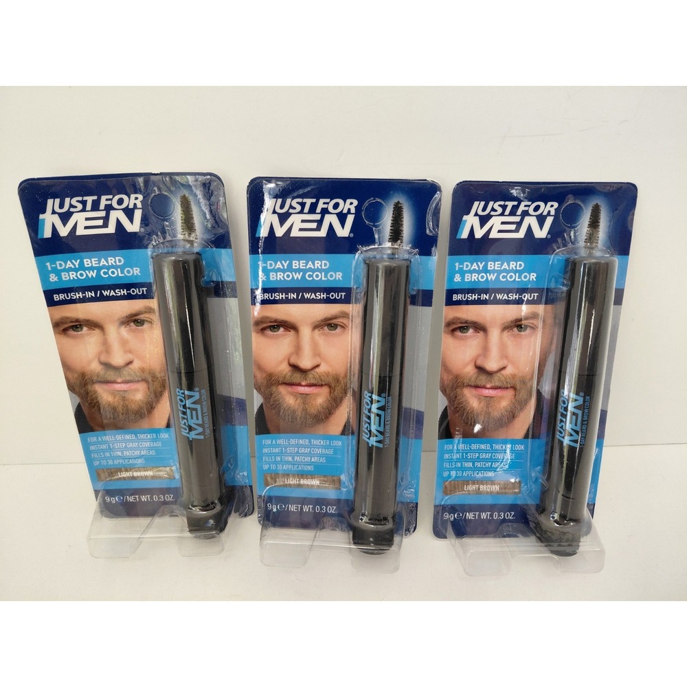(3) Just For Men 1-DAY Beard & Brow Color Light Brown Brush In Wash Out‎ NEW